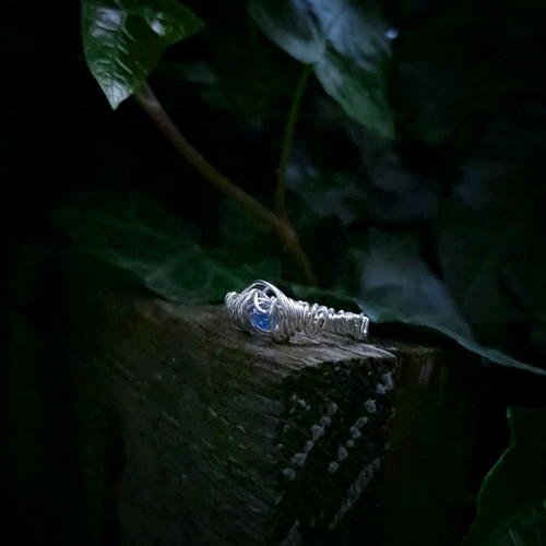 Wire-wrapped ring new, silver with blue crystal bead