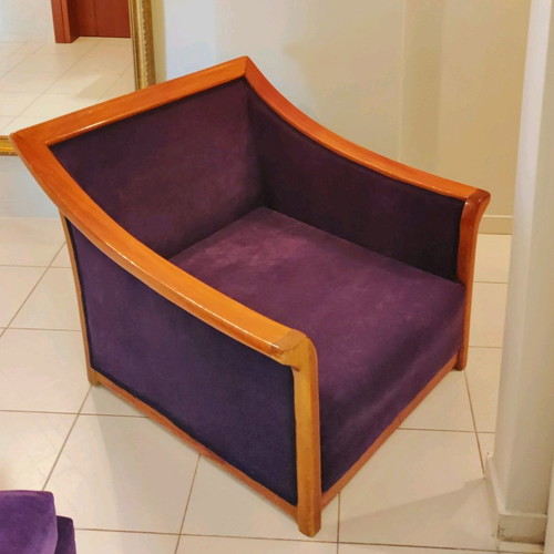 Wooden armchair like new with brown frame and dark purple upholstery