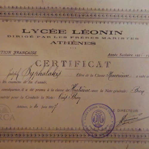 Lycée Léonin school certificate Athens 1927 used