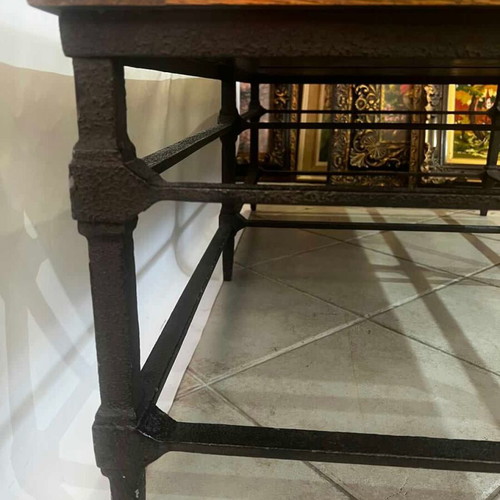 Cast iron coffee table with wooden surface 45x140x80, used