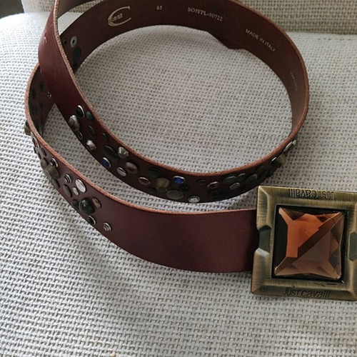 Just Cavalli leather brown belt like new with antique gold buckle and crystals