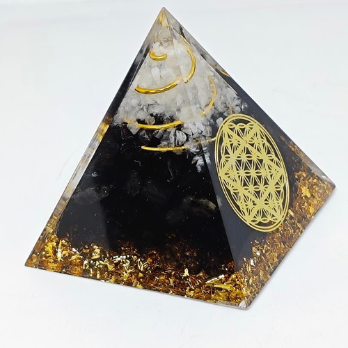 Orgonite pyramid with black tourmaline, quartz and Flower of Life symbol like new