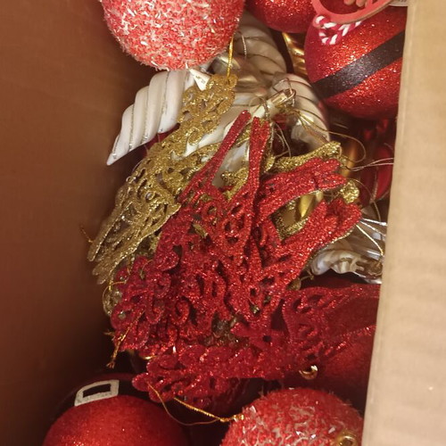 Christmas ornaments like new, box with balls and branches in gold red silver white tones