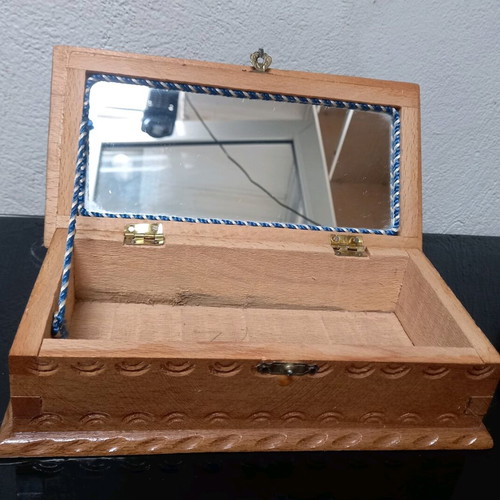 Jewelry box old wooden with carving and small mirror used