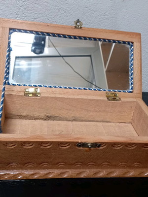 Jewelry box old wooden with carving and small mirror used