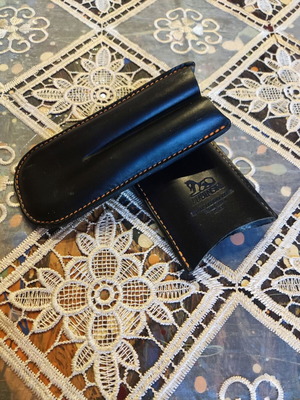 Lubinski Handmade Leather Cigar Case used, double, black with orange stitching