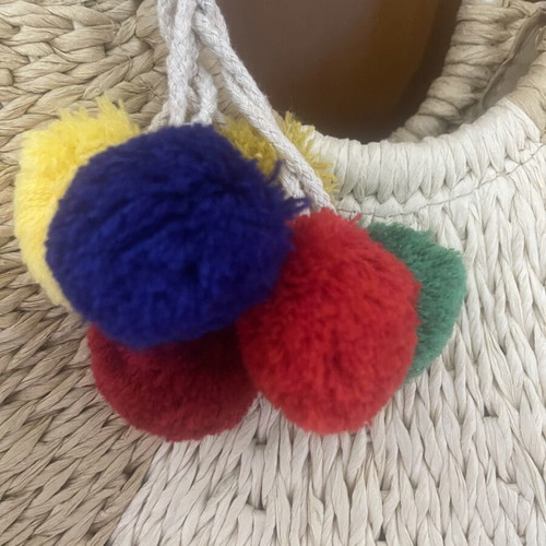 Nolah basket bag new, beige with colorful pom poms