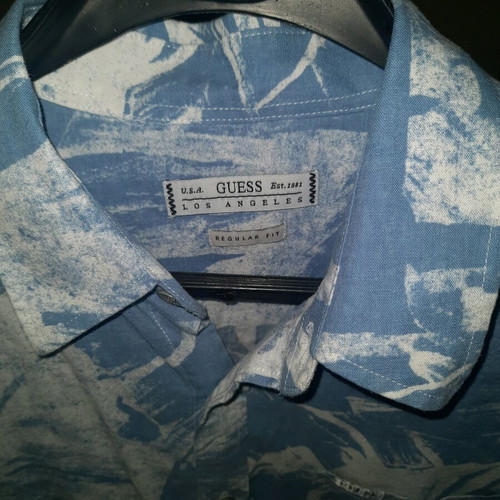 Guess shirt M like new, men's with interesting pattern, white and blue