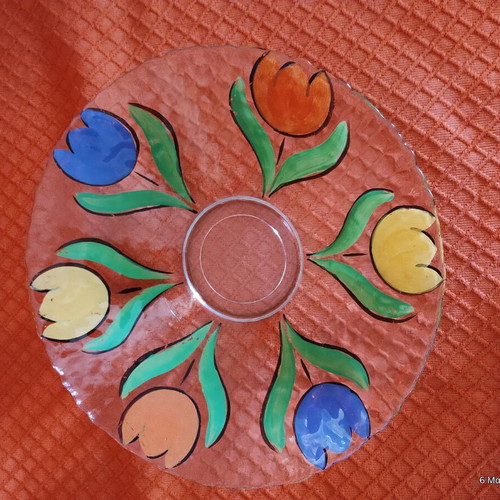 Glass platter used with painted tulips