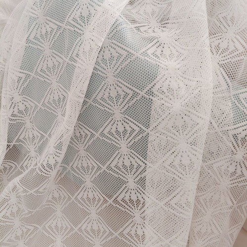 Two sewn white lace curtains, 2.5m height, 1.5m width each