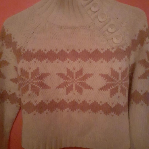 Cropped knitted sweater with high collar and buttons, size Medium, white with pink pattern