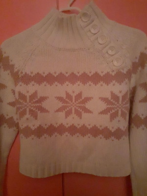 Cropped knitted sweater with high collar and buttons, size Medium, white with pink pattern