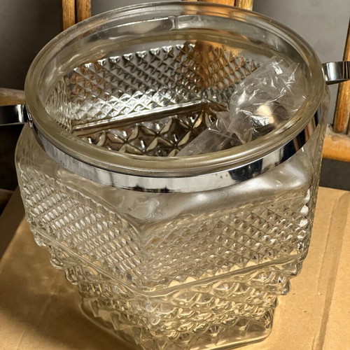 Glass ice bucket used with silver rack and engraved design