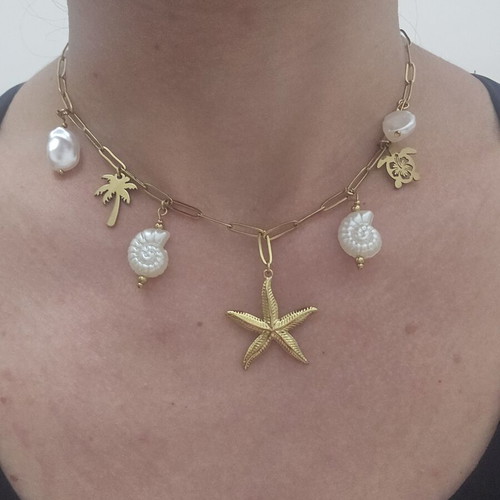Golden Treasures summer gold stainless steel necklace with starfish and pearls