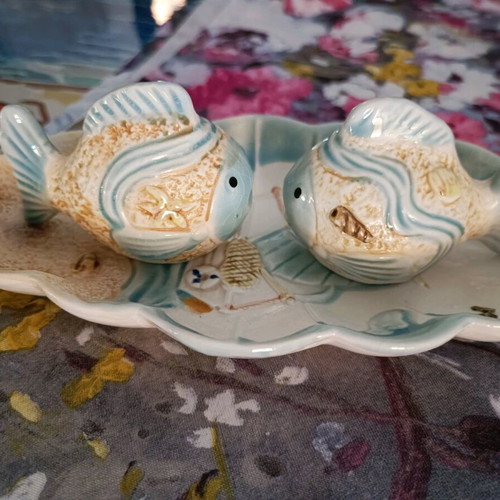 Vintage ceramic salt and pepper set with fish design like new