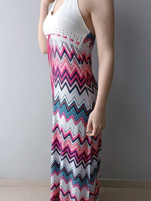 Be You maxi φόρεμα boho πολύχρωμο zig zag με πλεκτό halter μπούστο σαν καινούργιο