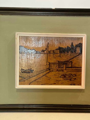 Vintage wooden handmade wall frame with pyrography and Thessaloniki depiction, used