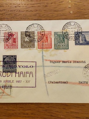 Rodi Haifa First Flight 1937 Used Airmail Cover