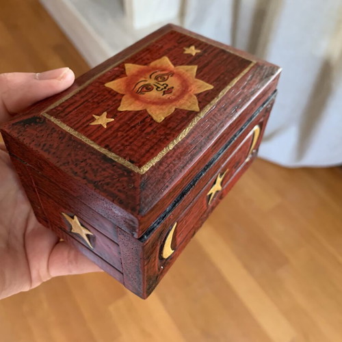 Handmade wooden jewelry box with sun and moon design, new
