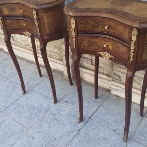 Nightstands pair walnut wood marquetry with brass decoration like new