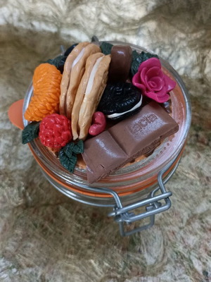 Glass jar like new with clay decoration