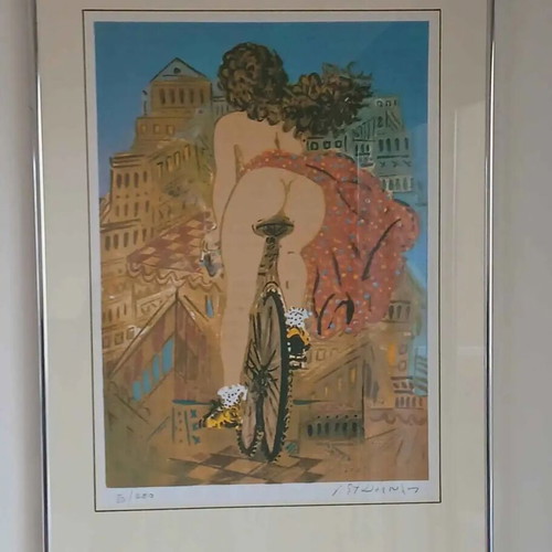 Silk Screen Print The Cyclist by Giorgos Stathopoulos like new, silver frame
