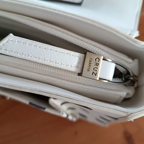 Carpisa crossbody and handheld bag new, white with gray-blue polka dots