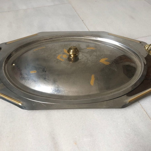 Serving Platter with 24K Gold Used, Stainless Steel and Glass