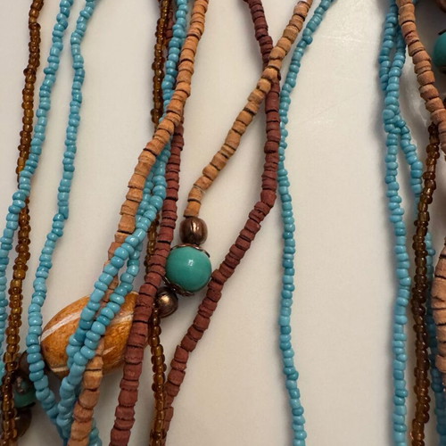 Women's long necklace from beads and wood like new, turquoise and brown