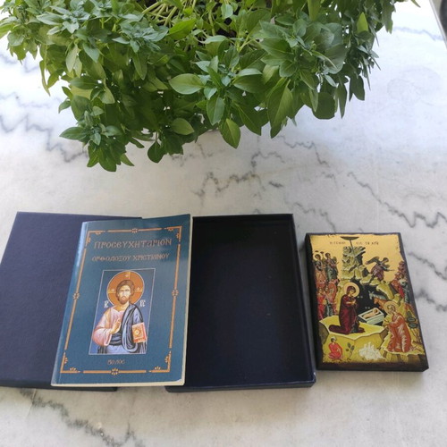 Religious icon new in gift box with prayer book