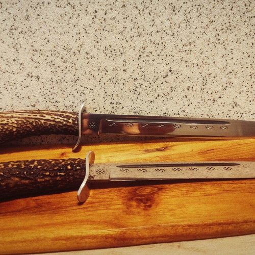 Hunting butcher knives, handmade, leather sheaths, set of 2