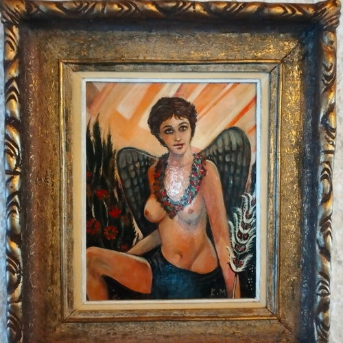 Authentic Painting "Angel", dimensions including frame 47 x 40 cm