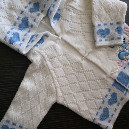 Baby knitted jacket with hood used, unisex, white and blue, 6-12 months