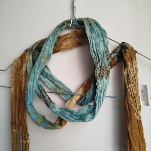 Scarf necklace boho style with long fringes and shells, like new