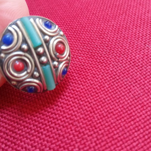 Handmade ring with natural Iranian stones turquoise coral lapis lazuli, adjustable