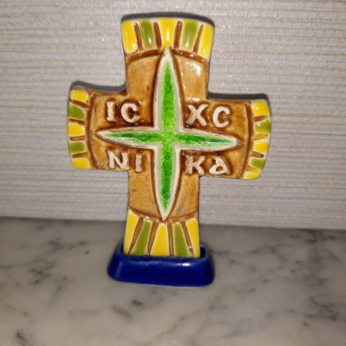 Ceramic tabletop cross new with base