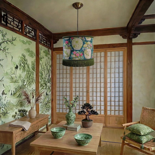 Ceiling light green Japanese vase with oxygen lampshades, 35x20 cm