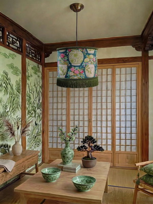 Ceiling light green Japanese vase with oxygen lampshades, 35x20 cm