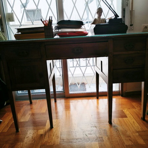 Antique desk like new with burgundy fabric and glass