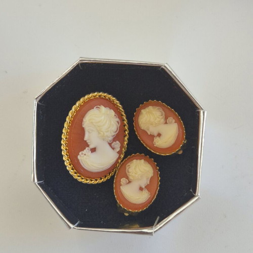 Vintage Cameo Pin and Clip Earrings Set like new