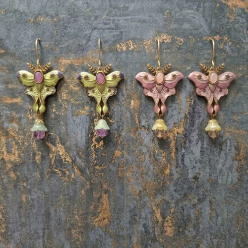 Moth Butterfly Earrings handmade, like new, multicolor and gold