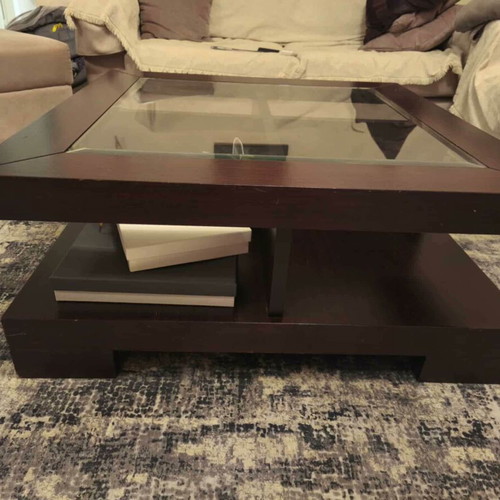 Living room table used, dark wood with square glass top