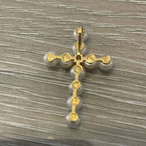 Stavros gold 18k cross with four diamonds and pearls used