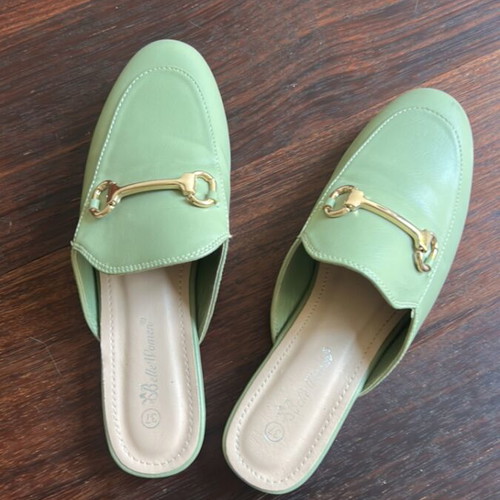 Backless loafers green pistachio moccasins size 37 used, gold horsebit