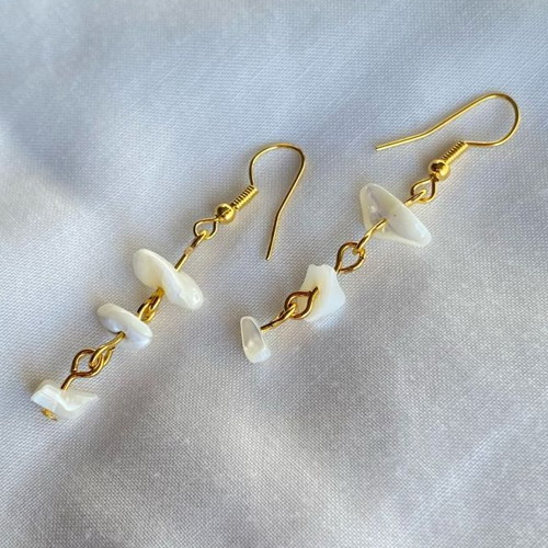 Handmade brass earrings with natural shell chips, metal hook