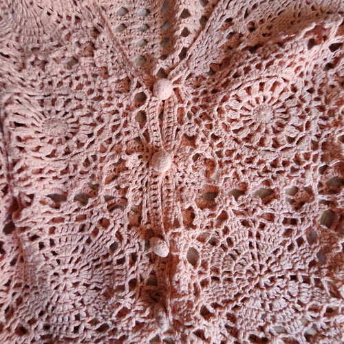 Crochet cardigan XL new, peach color with floral motifs