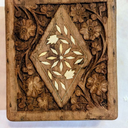 Vintage handmade carved wooden box jewelry case