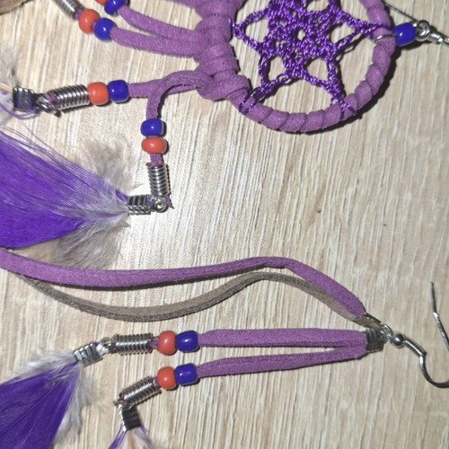 Handmade earrings with feathers and beads, new, purple and brown