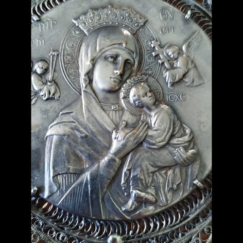 Old Silver Filigree Nativity Amulet with Virgin Mary and Jesus Christ, like new