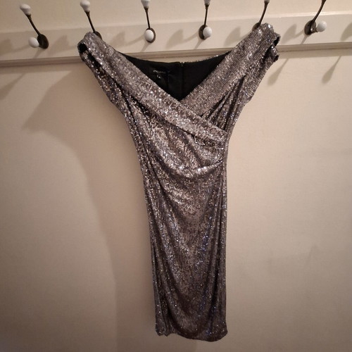 Zic Zac Midi Silver Sequin Dress New, Size M, Fitted, Off Shoulder